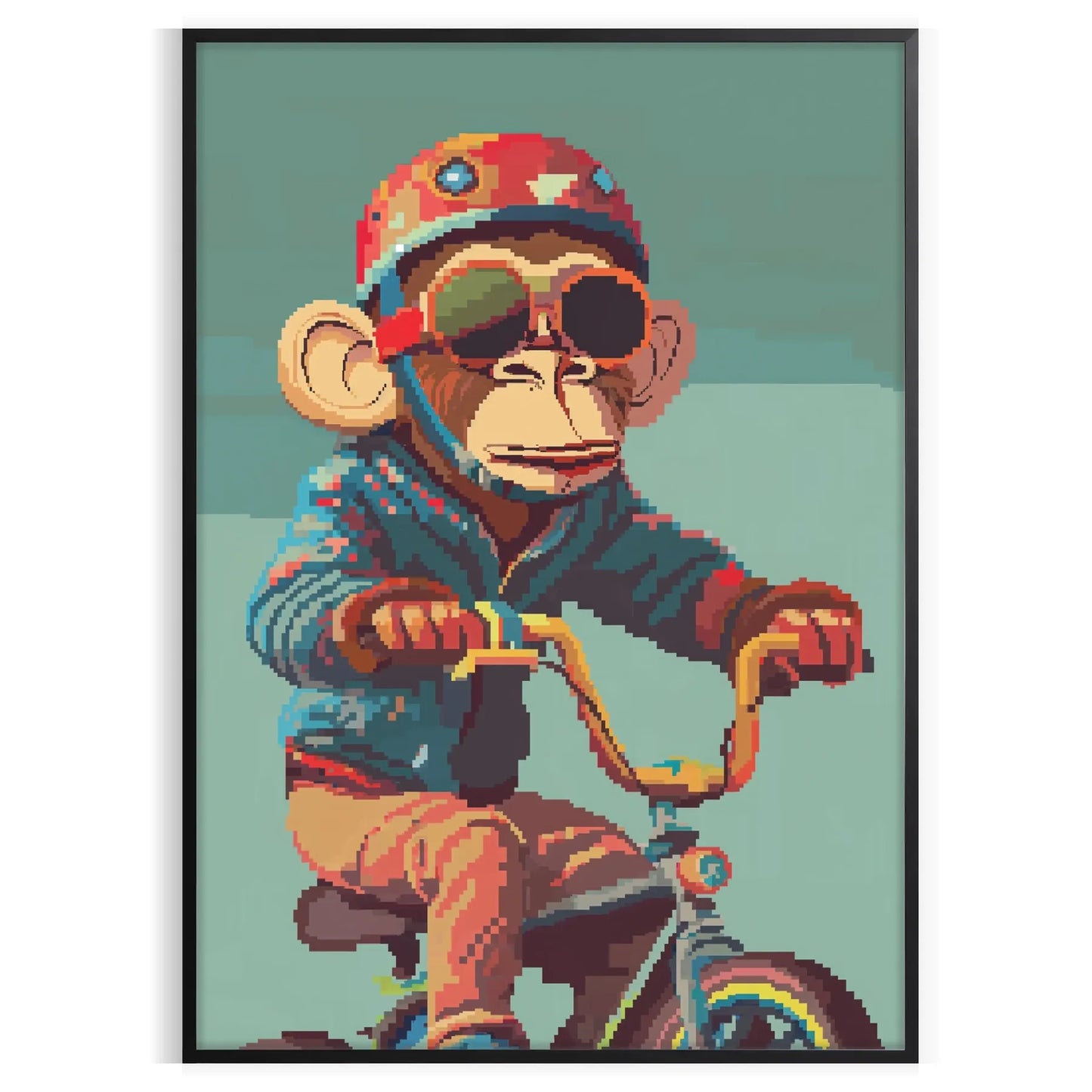 space captivating Monkey Bike Animal Poster sleek gray vibrant green colors wall art unique gift eye print playful twist room versatile sizes A4 cm A0