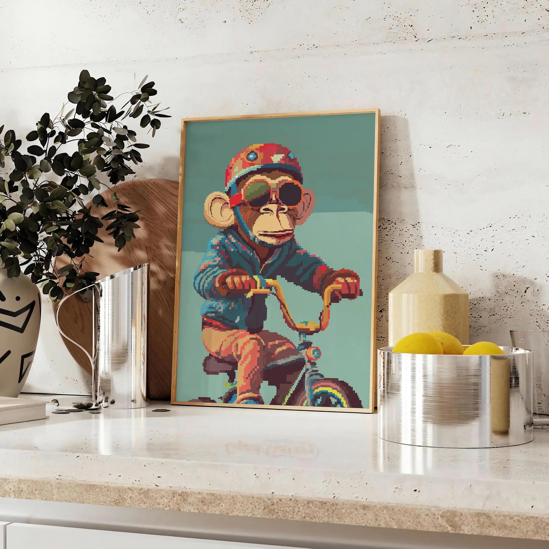 space captivating Monkey Bike Animal Poster sleek gray vibrant green colors wall art unique gift eye print playful twist room versatile sizes A4 cm A0