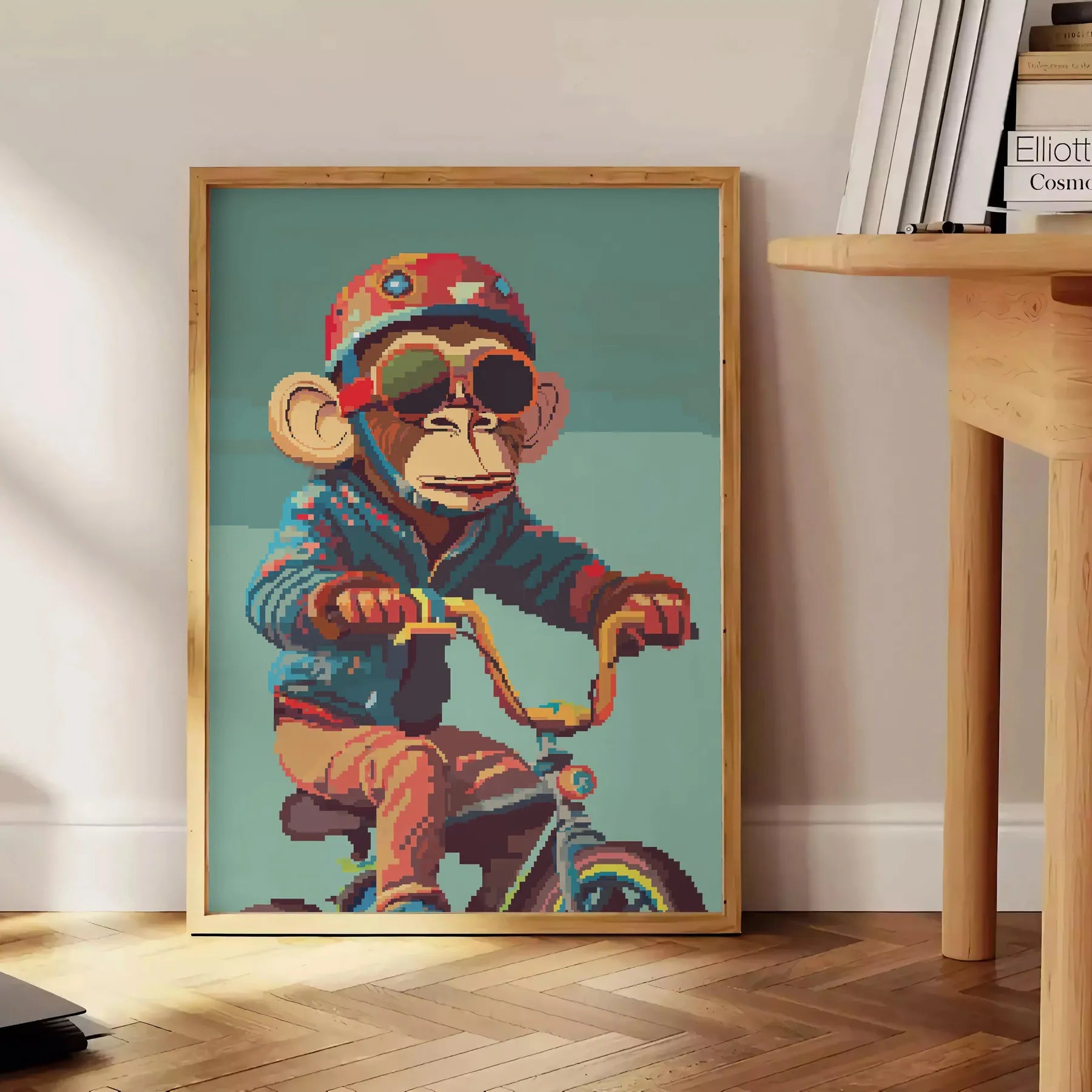 space captivating Monkey Bike Animal Poster sleek gray vibrant green colors wall art unique gift eye print playful twist room versatile sizes A4 cm A0