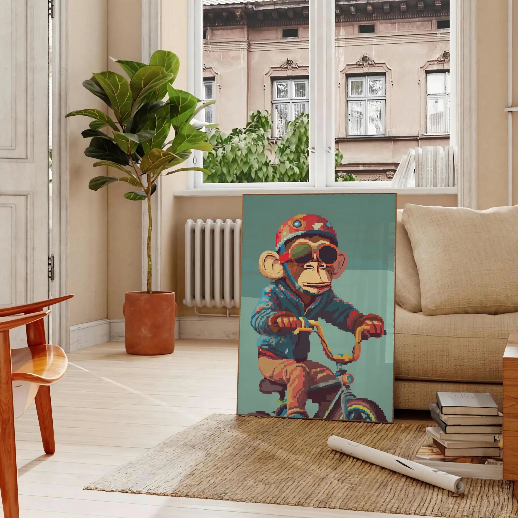 space captivating Monkey Bike Animal Poster sleek gray vibrant green colors wall art unique gift eye print playful twist room versatile sizes A4 cm A0