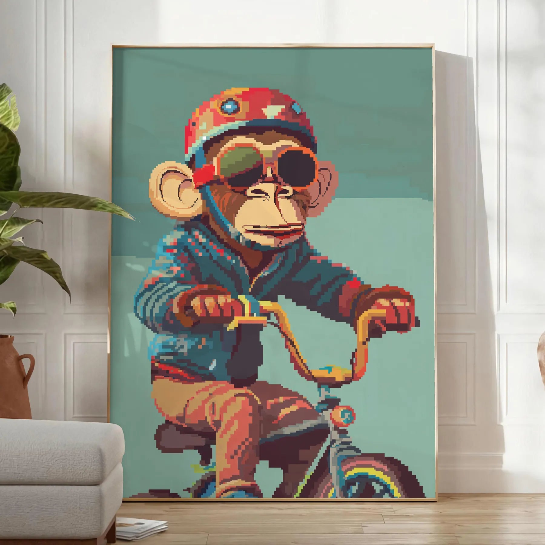 space captivating Monkey Bike Animal Poster sleek gray vibrant green colors wall art unique gift eye print playful twist room versatile sizes A4 cm A0