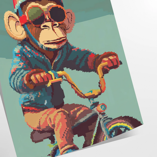 space captivating Monkey Bike Animal Poster sleek gray vibrant green colors wall art unique gift eye print playful twist room versatile sizes A4 cm A0