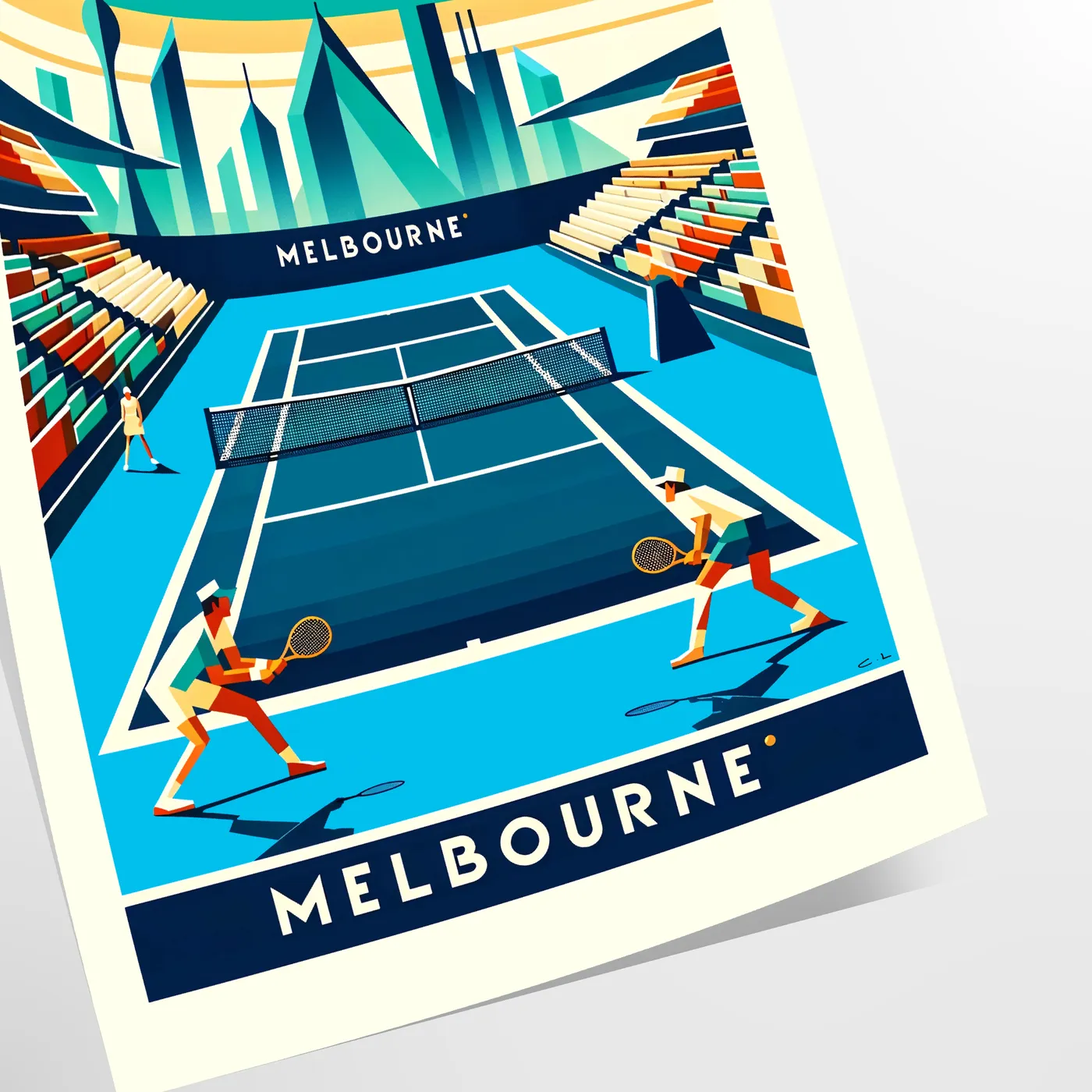 Art Deco Melbourne tennis print celebrating the Australian Open in Melbourne elegant living room interior framed print